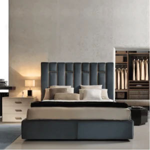 Upholstered Bed With Storage in Greyish Blue Suede